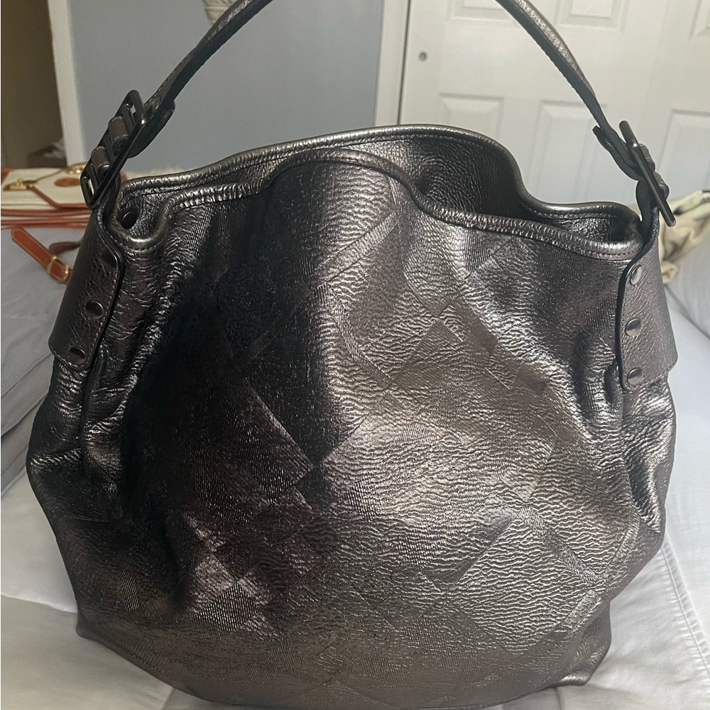 Burberry Avington Dark Nickel Leather & Shimmer Check Handbag Hobo